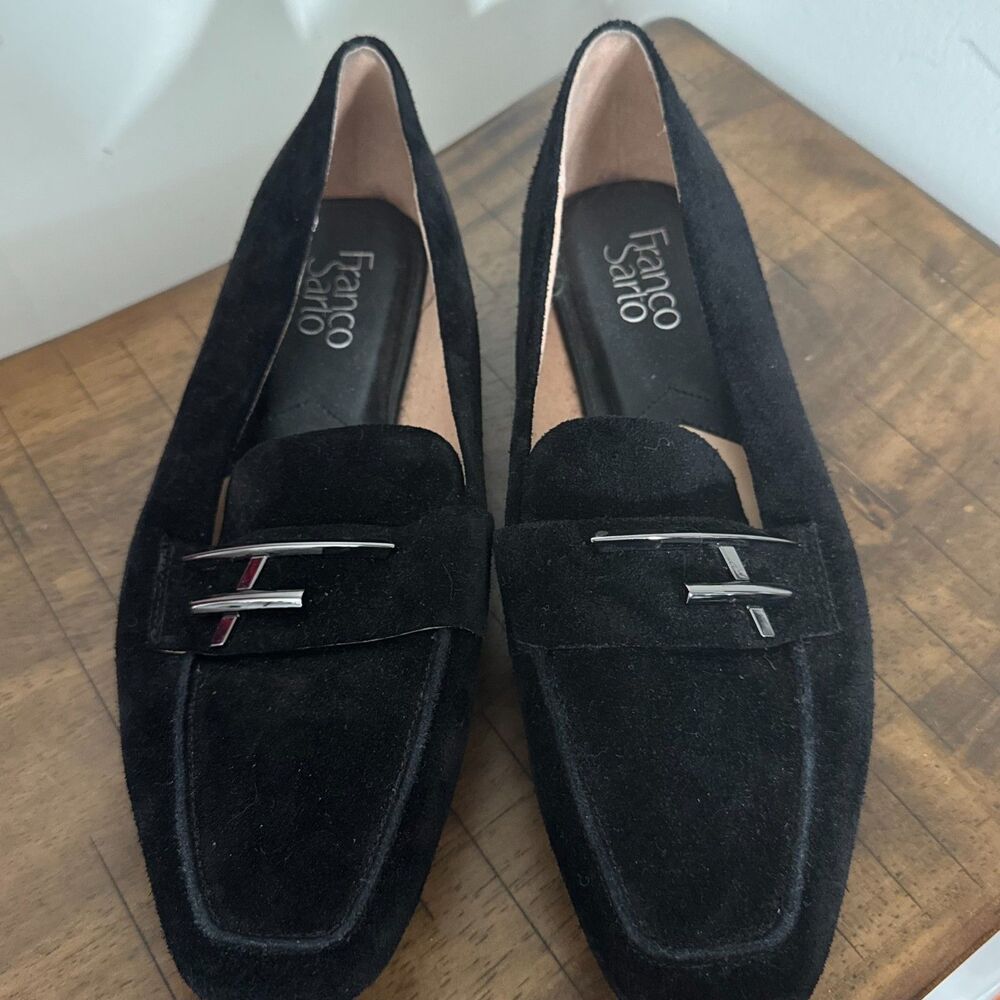 Franco Sarto Black Suede Loafers Women's 9 Square Toe Silver Hardware Flats